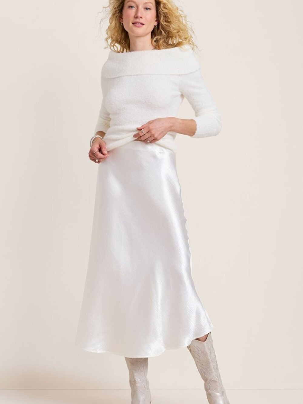 New francesca's Large Ivory Grace Satin Midi Skirt Elasticized Waist Band Bridal